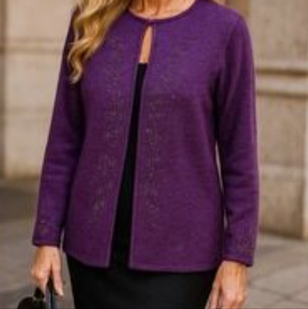Kate Hill Dark Purple 100% Wool Sweetheart Front Beaded Cardigan Size L